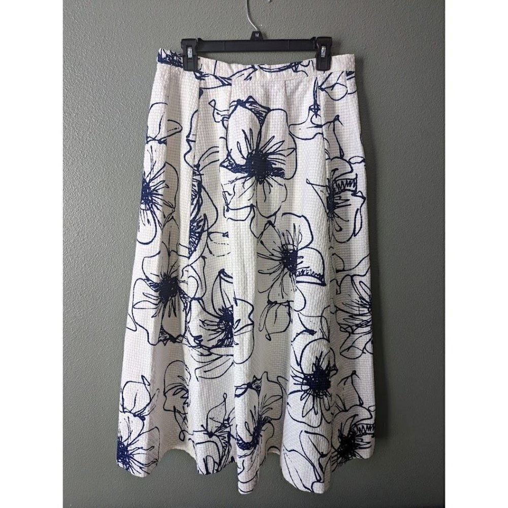 Midge Grant Vintage Fit Flare Long Floral Skirt Modest Navy White